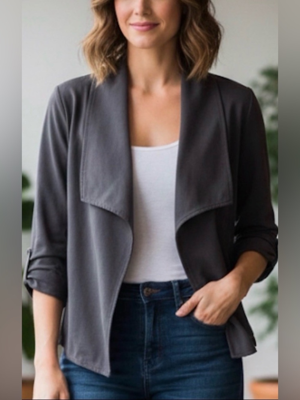 Alfani Faux Suede Gray Draped Open Front Blazer Jacket Size Petite Small